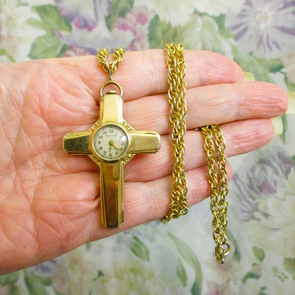 GOTHAM Gold Filled Swiss Cross Watch Necklace~ VINTAGE Mechanical Watch Necklace main image 7